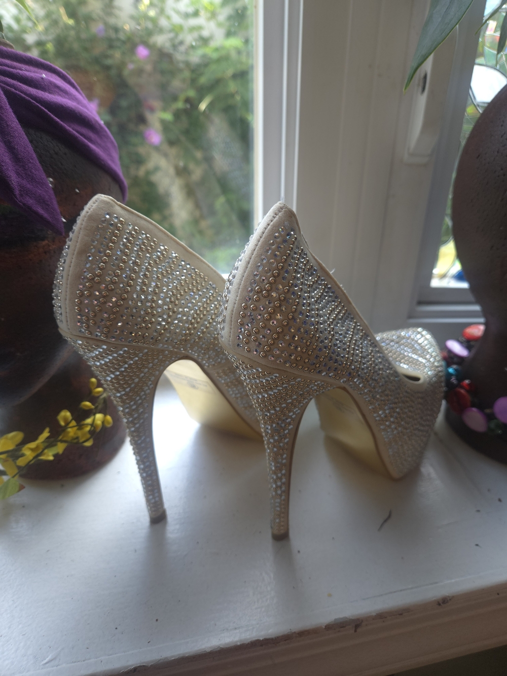 Embellished Ivory High Heel Pumps with Rhinestones
